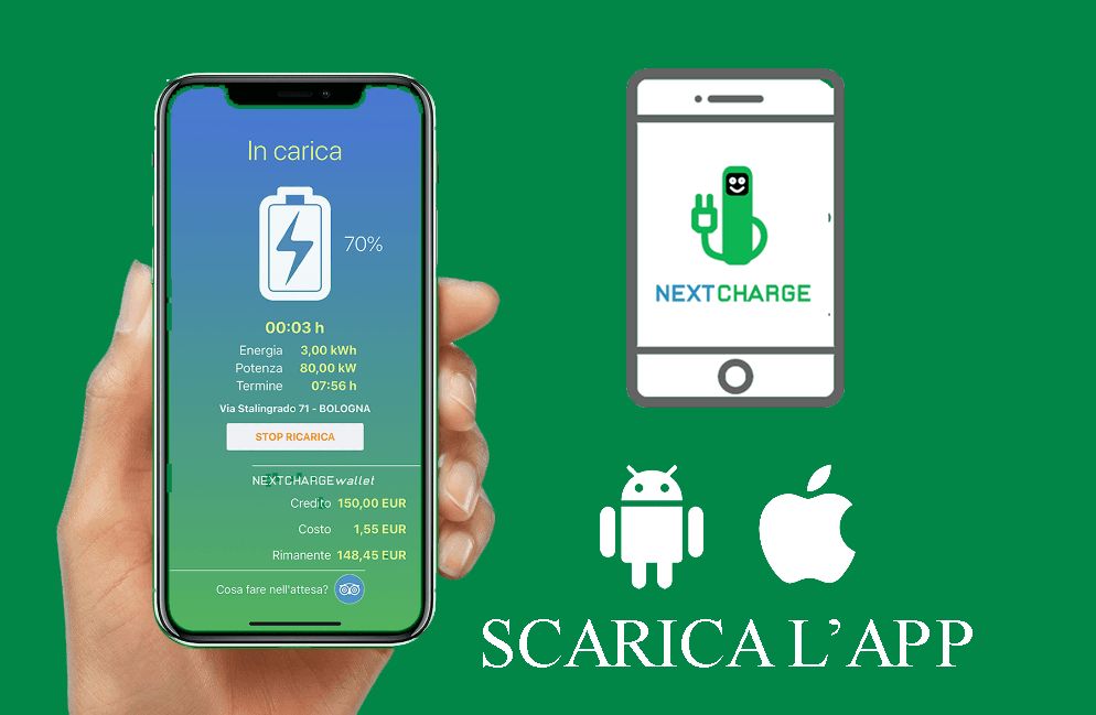 Schermata dell’app NEXTCHARGE sullo smartphone con la ricarica in corso