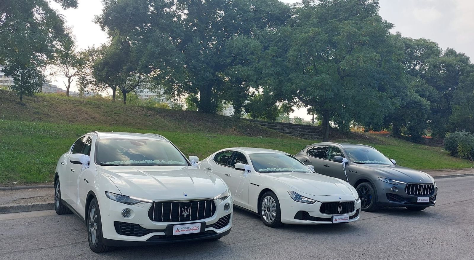 Tre Maserati allineate in un parco, pronte per un evento